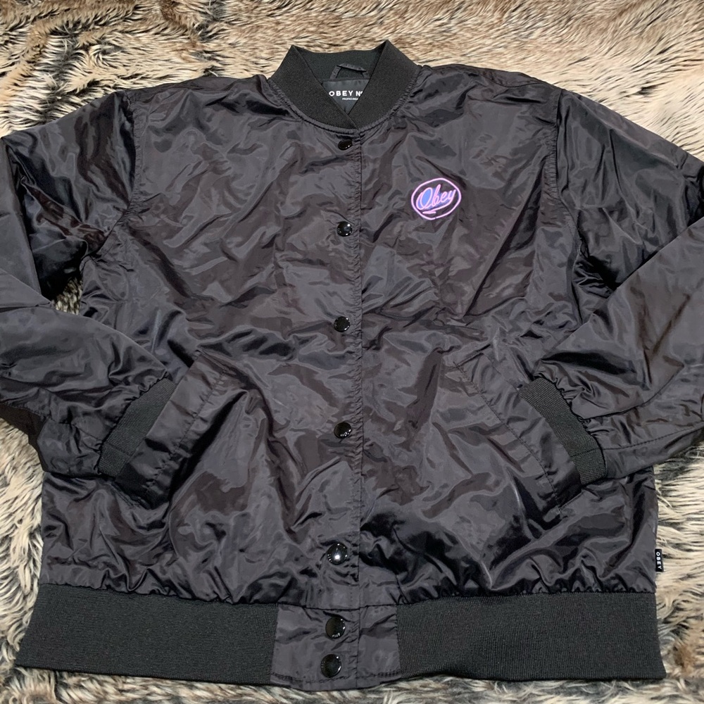 Obey N 89 propaganda
women’s black satin bomber jacket Size S
